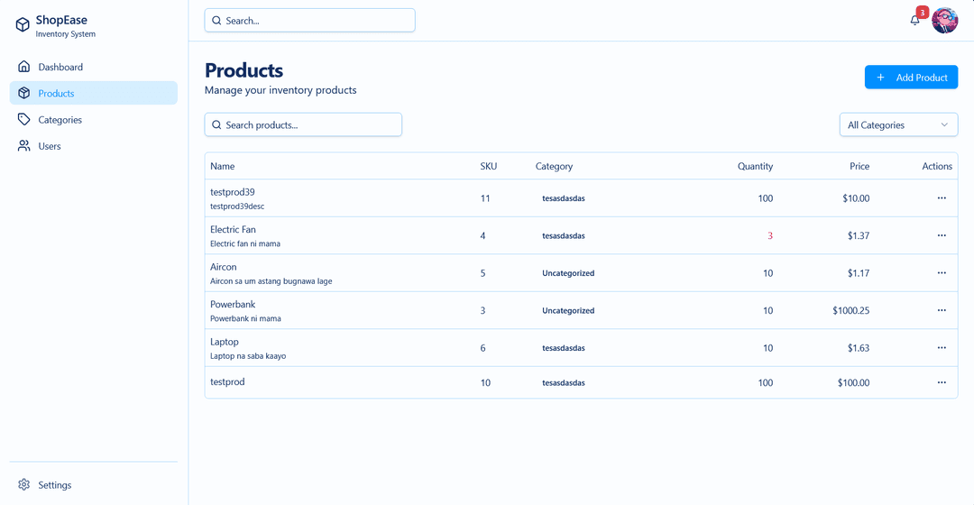 ShopEase Inventory Management System